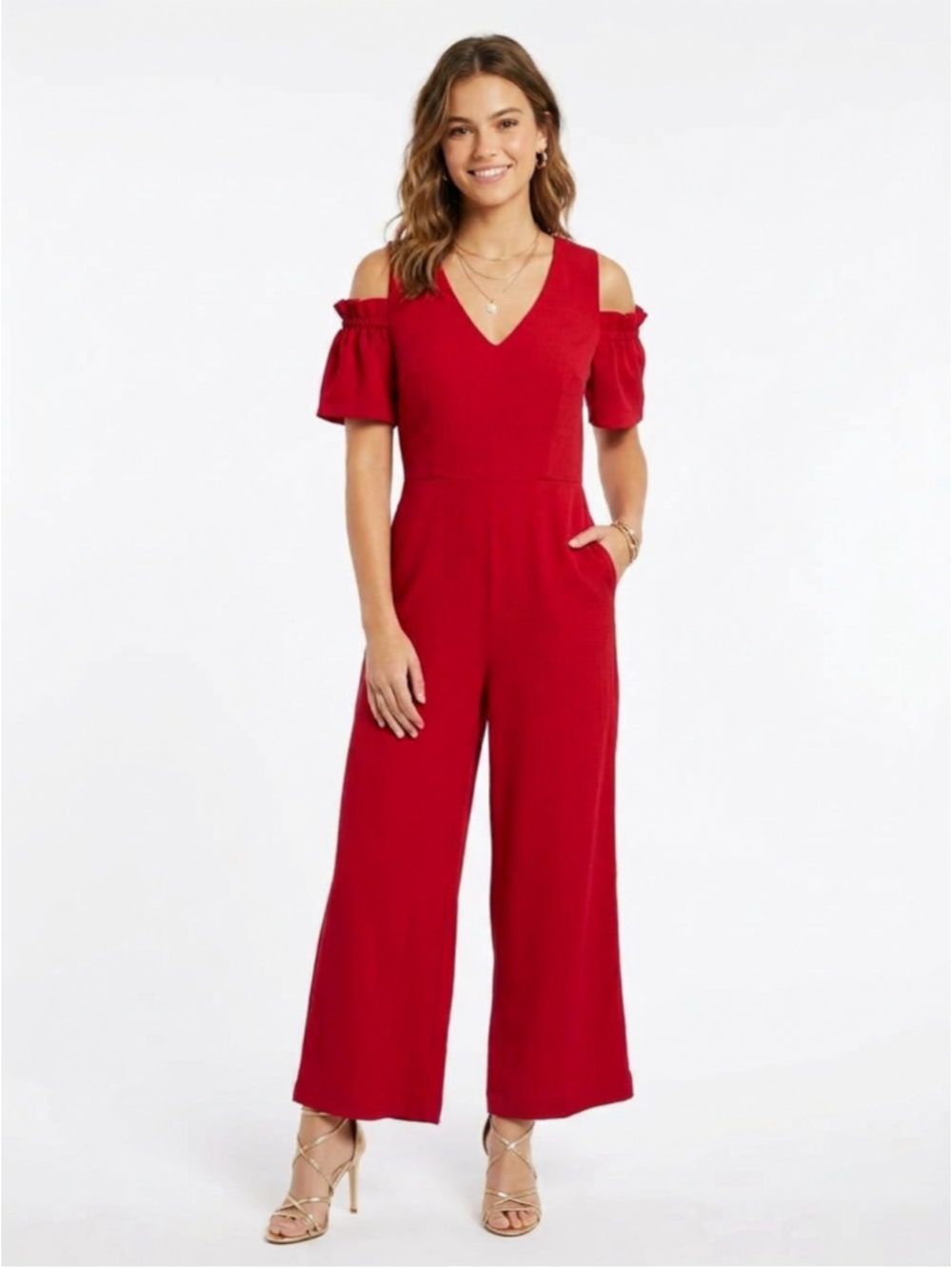 CLUB MONACO Sabellah Red Cold Shoulder Wide Leg Jumpsuit Pleated Romper 4 - 991